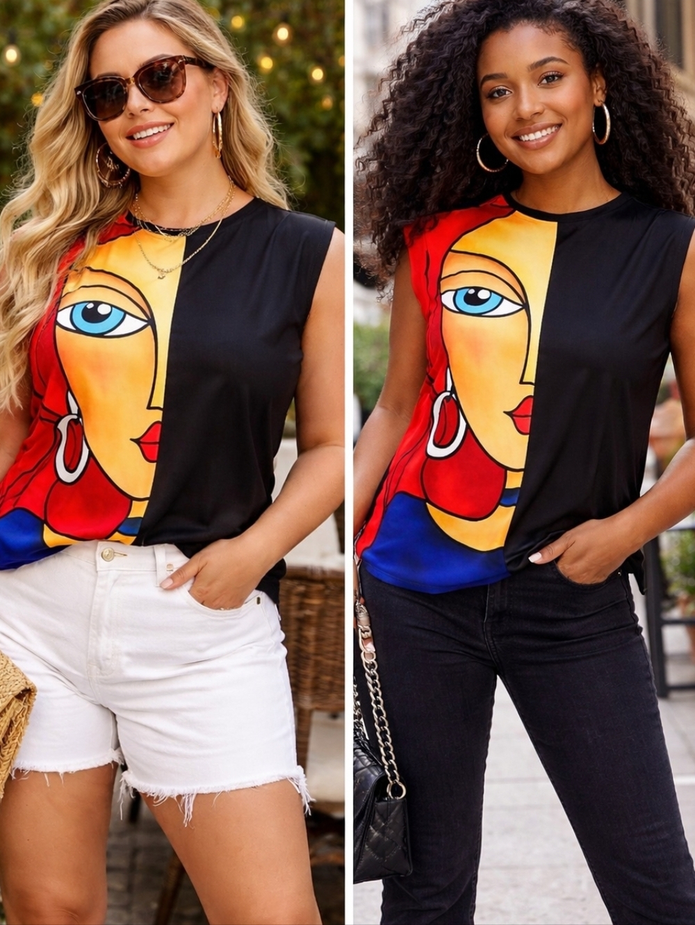 Women’s XL Abstract Face Art Sleeveless Top - Modern Graphic Split Tee NNT